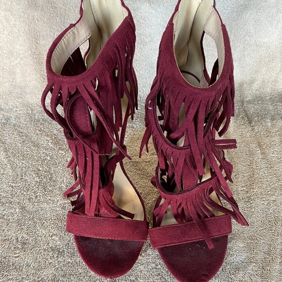 Wild Diva Lounge Burgundy Fringe Heels | Size 7.5 | Suede Cutout Stiletto Sandal - Picture 2 of 7